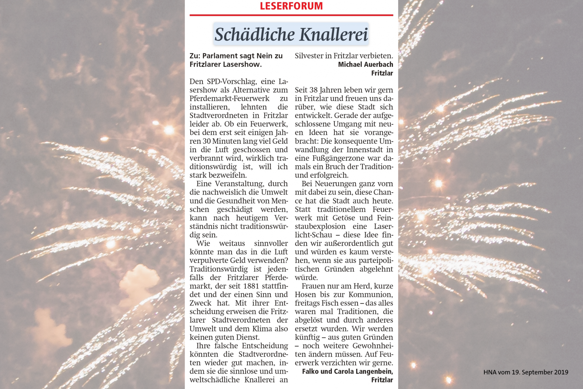 Leserbriefe zum Feuerwerksantrag der SPD-Fraktion